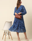 Blue Abstract Printed Puff Sleeve Tiered Fit  Flare Midi Dress