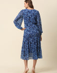 Blue Abstract Printed Puff Sleeve Tiered Fit  Flare Midi Dress