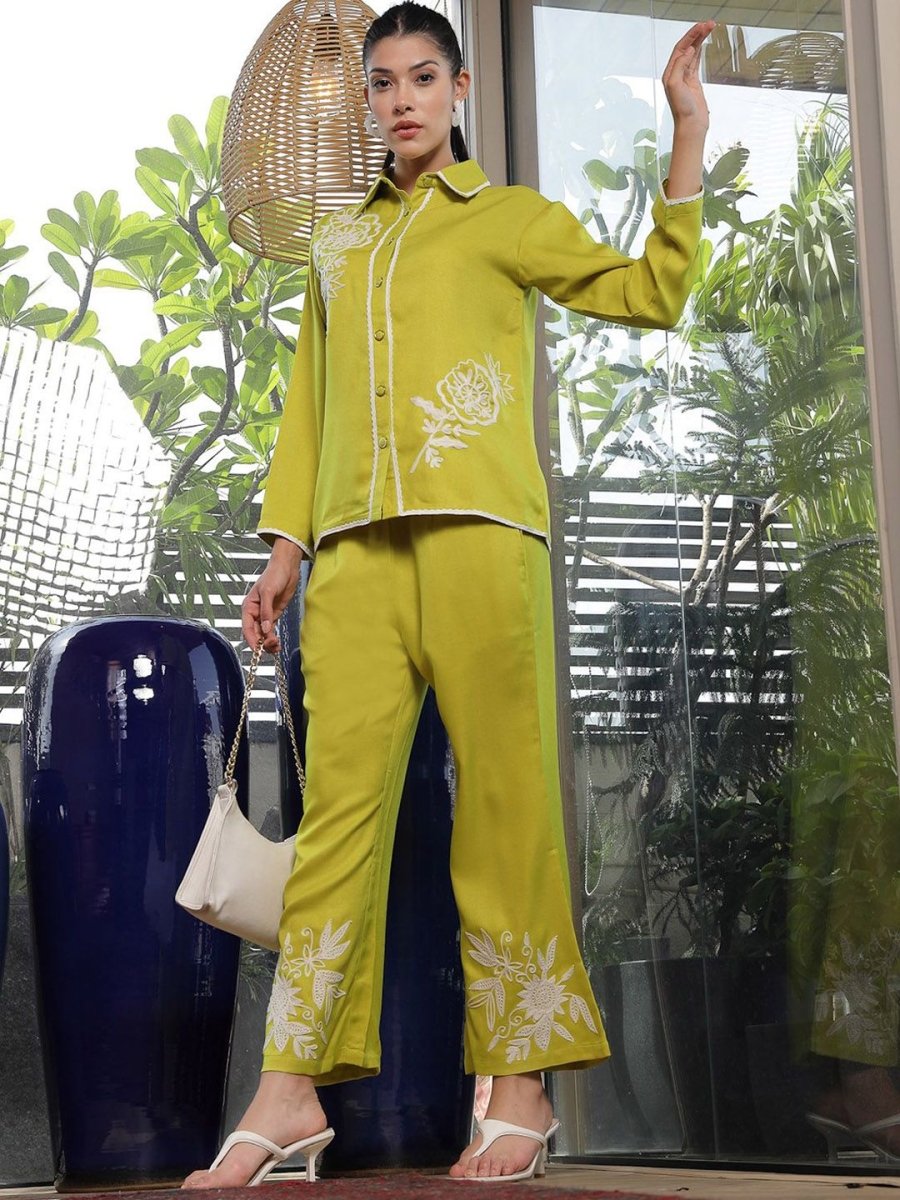 Shirt Collar Embroidered Cotton Shirt With Trousers Co-Ords Set lime-green