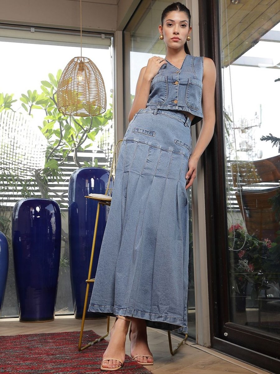 V Neck Cotton Top With Skirt Co-Ords light-blue