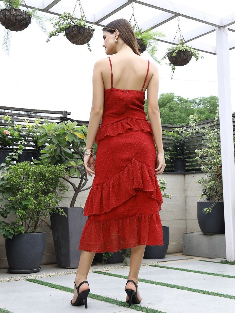 Women Self Design Shoulder Straps Ruffles Peplum Dress Maroon