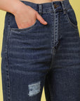 Blue Women Mildly Distressed Side Slit Stretchable Cotton Jeans