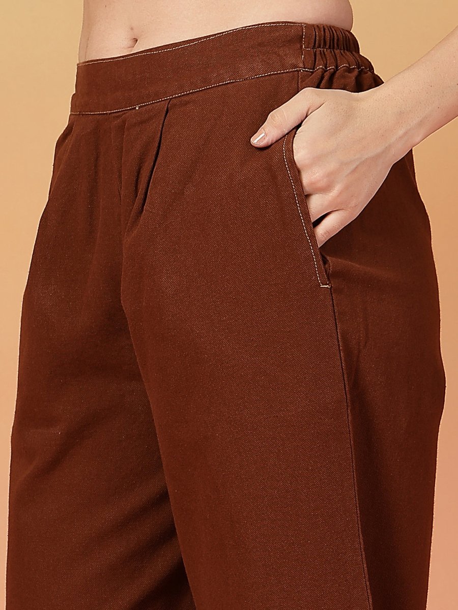 Solid Brown Round Neck Shirt With Trousers Co-Ords